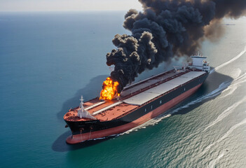 Aerial view of Cargo tanker ship explosion with fire and smoke - obrazy, fototapety, plakaty