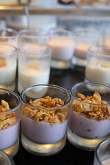 Selective focused of junket. Junket is a milk-based dessert with a jelly, made with sweetened milk and rennet, the digestive enzyme that curdles milk. It is usually set in a mould and served cold.