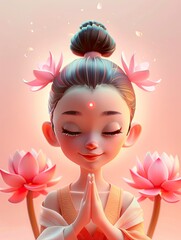 hand-drawn, girl, cute, full face, googly-egg shape, rich, smile, hair bun, lotus flower, buddha light, praying, super detailed, ultra high definition, 3d rendering, copy space - generative ai