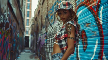 Fashion-forward woman posing in urban alley with vibrant graffiti