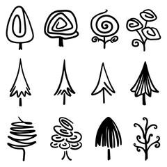 Abstract Doodle hand drawn Set, Black Thin Line trees in Vector illustration