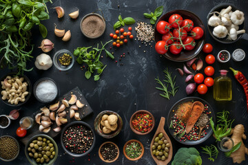 Top view of herbs and spices cuisine on black stone marble table background with empty space, food ingredient for cooking, various of spices.