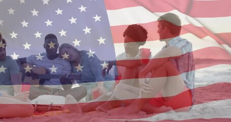 Animation of flag of usa over happy diverse friends at beach party in summer - Powered by Adobe