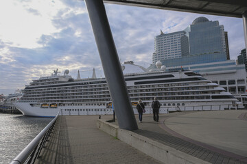 Super deluxe luxury cruiseship cruise ship liner yacht Explorer docked in Vancouver, Canada with...