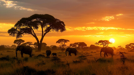 The atmosphere of the afternoon in Africa, several elephants are active, a large tall tree on the left, on the upper right the sunset very clearly - obrazy, fototapety, plakaty