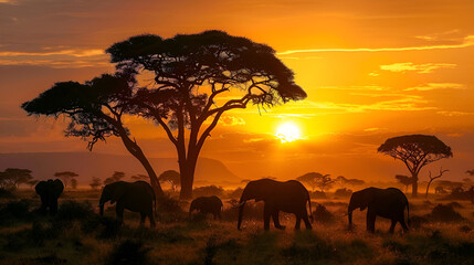 Fototapeta na wymiar The atmosphere of the afternoon in Africa, several elephants are active, a large tall tree on the left, on the upper right the sunset very clearly