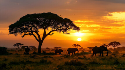 Fototapeta na wymiar The atmosphere of the afternoon in Africa, several elephants are active, a large tall tree on the left, on the upper right the sunset very clearly
