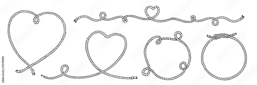 Wall mural rope frame border vector set. line art with background and copy space. linear drawing of heart and c
