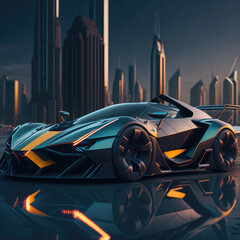 a futuristic car driving through a city at night, cyberpunk art by Michael Flohr, behance contest winner, panfuturism, matte drawing, synthwave, glowing neon