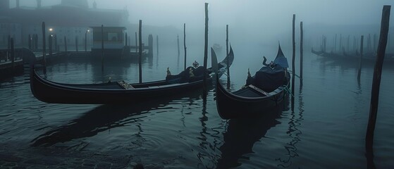 Tranquil sunset over Venice gondolas on serene canal waters - obrazy, fototapety, plakaty
