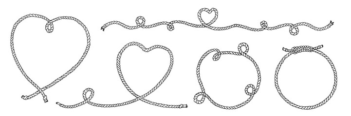 Rope Frame Border Vector set. Line art with background and copy space. Linear drawing of heart and circle shaped garland. String wreath with loops. Outline nautical style black and white graphic