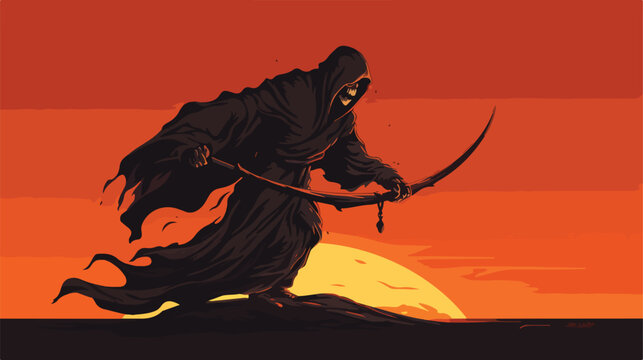 A grim reaper character that is robed in black