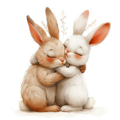 Obraz premium Watercolour illustration, happy loving bunnies hugging, cute character isolated on white background, concept of love, friendship. Template for greeting card, cover, kids t-shirt