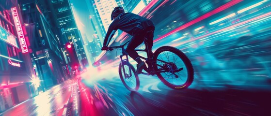 Cyclist racing through neon-lit city streets at night - obrazy, fototapety, plakaty