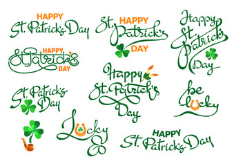 Fototapeta premium Happy St. Patrick's Day. Set of handwritten lettering. Design elements set for cards, banners, mugs, and t-shirts. Beer festival poster. Vector illustration.