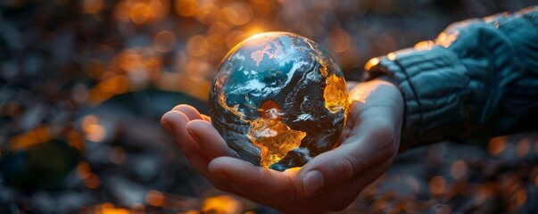 Luminescent orb depicting a digitized map of Earth held delicately in metallic palms