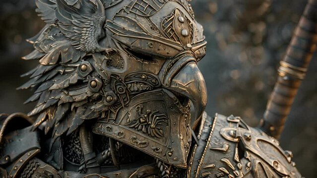 A heavilyarmored soldier gazes fiercely ahead his helmet decorated with intricately carved patterns and adorned with a fierce eagles head. His sword is held at the ready a