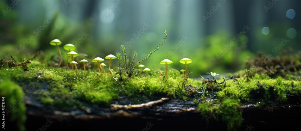 Canvas Prints Enchanting Moss-Covered Forest Floor Teeming with Tiny Mushrooms and Lush Greenery