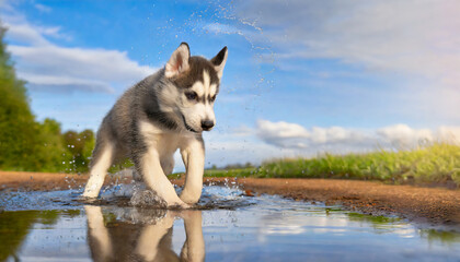 A siberian husky dog playing in a puddle of water outdoors in nature