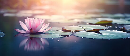 Ethereal Pink Lotus Blossom Serenely Floating on Calm Water Surface for Spiritual Concepts and Tranquility