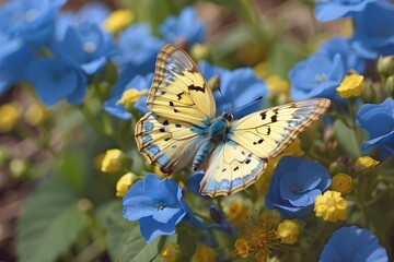 Insect summer garden spring delicate yellow nature outdoors butterfly blue flower plant Generative AI