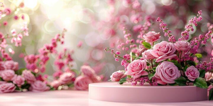 Pink 3D Spritz Podium Background Flower Rose Product. Generative Ai