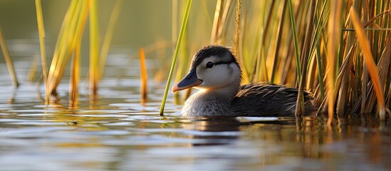Graceful Duck Gliding Through Tranquil Pond Amid Vibrant Green Reeds