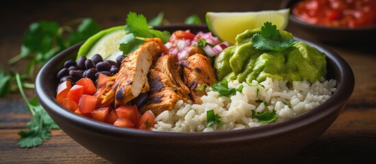 Delicious Rice Bowl Featuring Chicken, Beans, Tomatoes, and Avocados for a Flavorful Meal