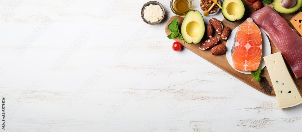 Poster Premium Cuts: A Wooden Cutting Board Displaying an Array of Fresh Meat Selections