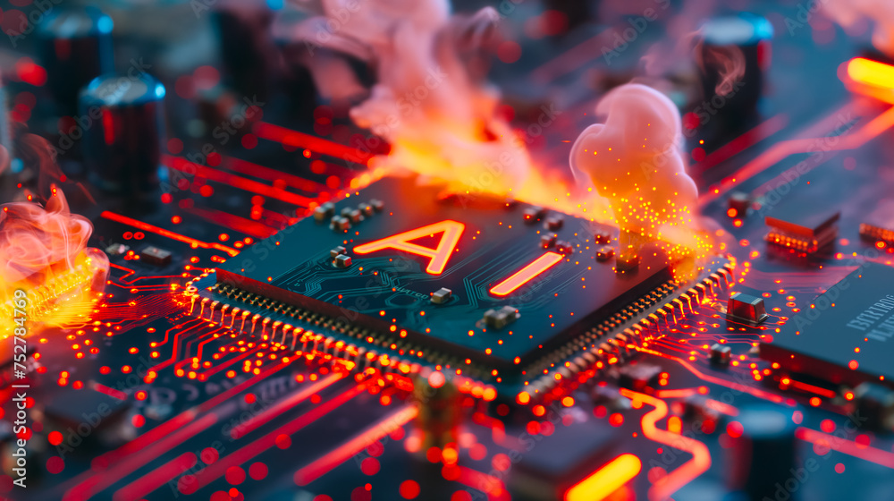 Poster advanced computer processor chip with ai acceleration is burning in dark digital environment.