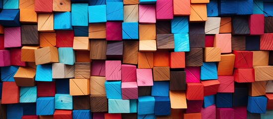 Vibrant Wooden Blocks Forming a Colorful Wall in a Creative Display