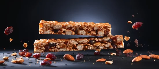 Fotobehang Tasty Almond and Cranberry Granola Bar with Crunchy Almonds, Healthy Snack Concept © Ilgun