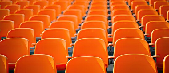 Fototapeta premium Vibrant Rows of Orange Chairs in a Modern Auditorium for Social Distancing Seating Concept