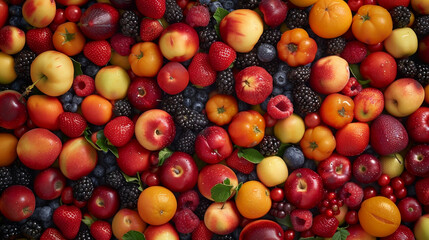background of various healthy fresh fruits and berries, top view, close up. Healthy eating concept. Background texture with fruits and berries - Powered by Adobe