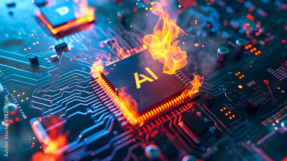 Aufkleber advanced computer processor chip with ai acceleration is burning in dark digital environment.