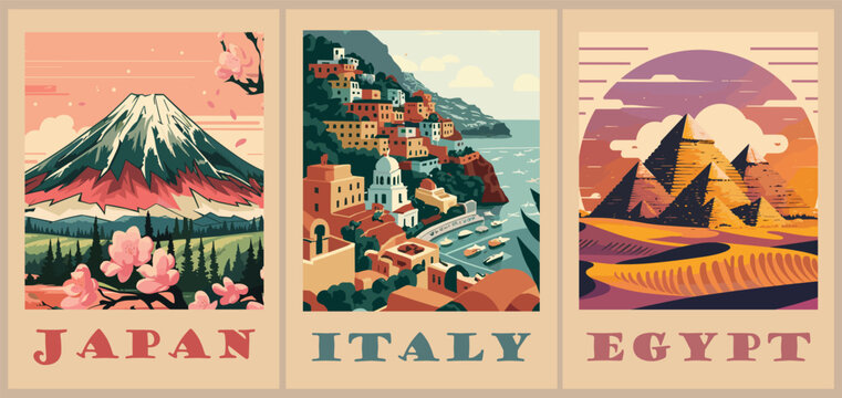 Set of Travel Destination Posters in retro style. Italy, Japan, Egypt landscape digital prints. International summer vacation, holidays concept. Vintage vector colorful illustrations.