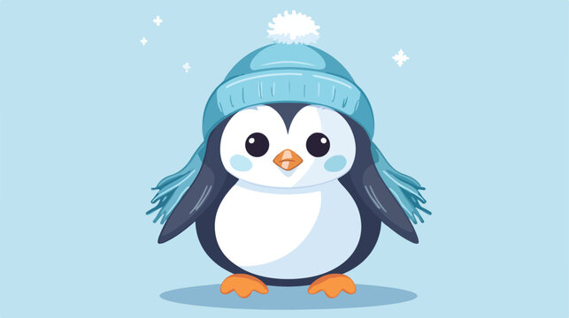 Blue white cute little penguin with cap and scarf flat