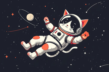 Cute cartoon cat astronaut with stars and planets in space for kid poster in retro style