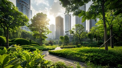 Urban Oasis City Park Surrounded by Greenery, To convey the harmonious coexistence of urban life and nature, promoting a sense of serenity and