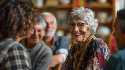 Elderly Woman Smiling with Group at Dining Table, To evoke feelings of happiness, community, and warmth associated with senior living and - obrazy, fototapety, plakaty