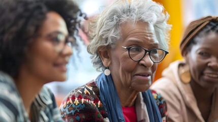 African American Women Engaged in Group Conversation at Library, To showcase the power of community and intergenerational connection among African