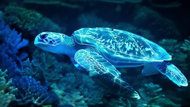 A holographic sea turtle swims through a coral reef highlighting the negative impact of plastic pollution on marine life and the need for conservation efforts.
