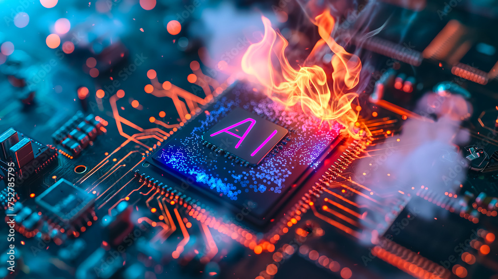 Poster advanced computer processor chip with ai acceleration is burning in dark digital environment.