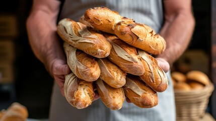 Baker holds fresh baked French baguettes. Homemade sourdough bread - obrazy, fototapety, plakaty