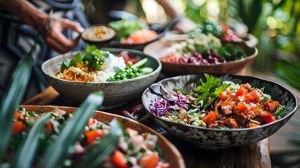 Indian Salad Bar at Outdoor Event in Ibiza, To promote a healthy, sustainable lifestyle and market fresh, organic produce and ingredients - obrazy, fototapety, plakaty