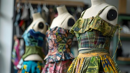 Grungy Patchwork Dresses on Mannequins, To showcase a unique and trendy fashion style in a retail or online store, for use in marketing and