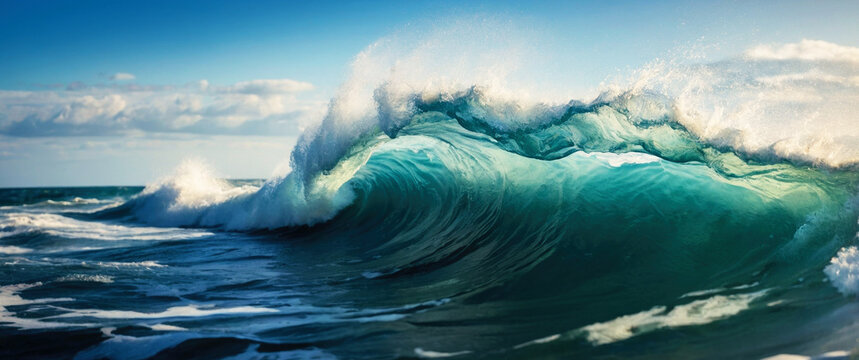 Close-up panorama of beautiful waves on the ocean in sunny weather.