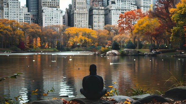 Woman in Zen-Inspired Central Park with City Reflection, To convey a message of peace and mindfulness in an urban setting, perfect for brands