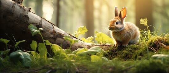 Naklejka na ściany i meble Curious Rabbit Contemplating in Lush Green Woodland Habitat, Nature Wildlife Scene