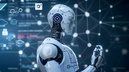 Hyper-Realistic Robot in Futuristic Data Network, To showcase the impact and significance of robotics and artificial intelligence technology in